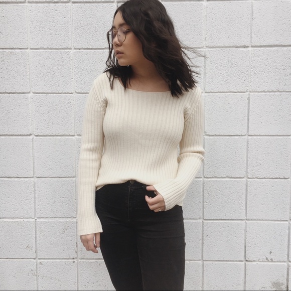 CREAM SQUARE NECK RIBBED SWEATER - Picture 1 of 2